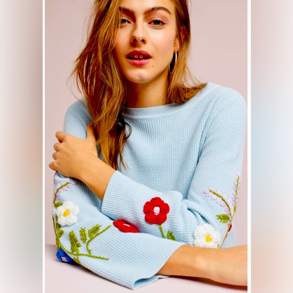 ANTHROPOLOGIE ROSIE NEIRA EMBROIDERED PANSY PULLOVER MEDIUM